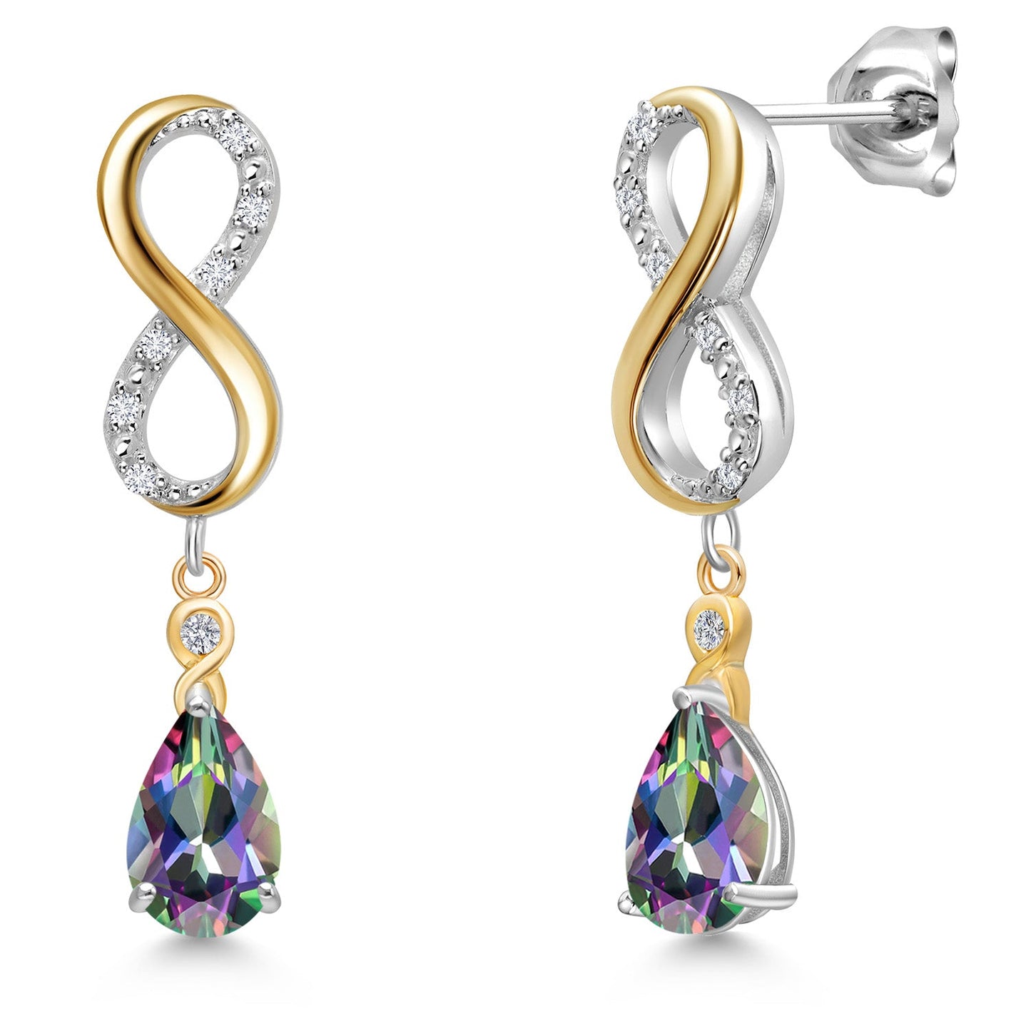 Infinity Dangle Earrings For Women In 925 Silver and 10K Yellow Gold with 8X5MM Pear Shape Gemstone Birthstone and White Lab Grown Diamond