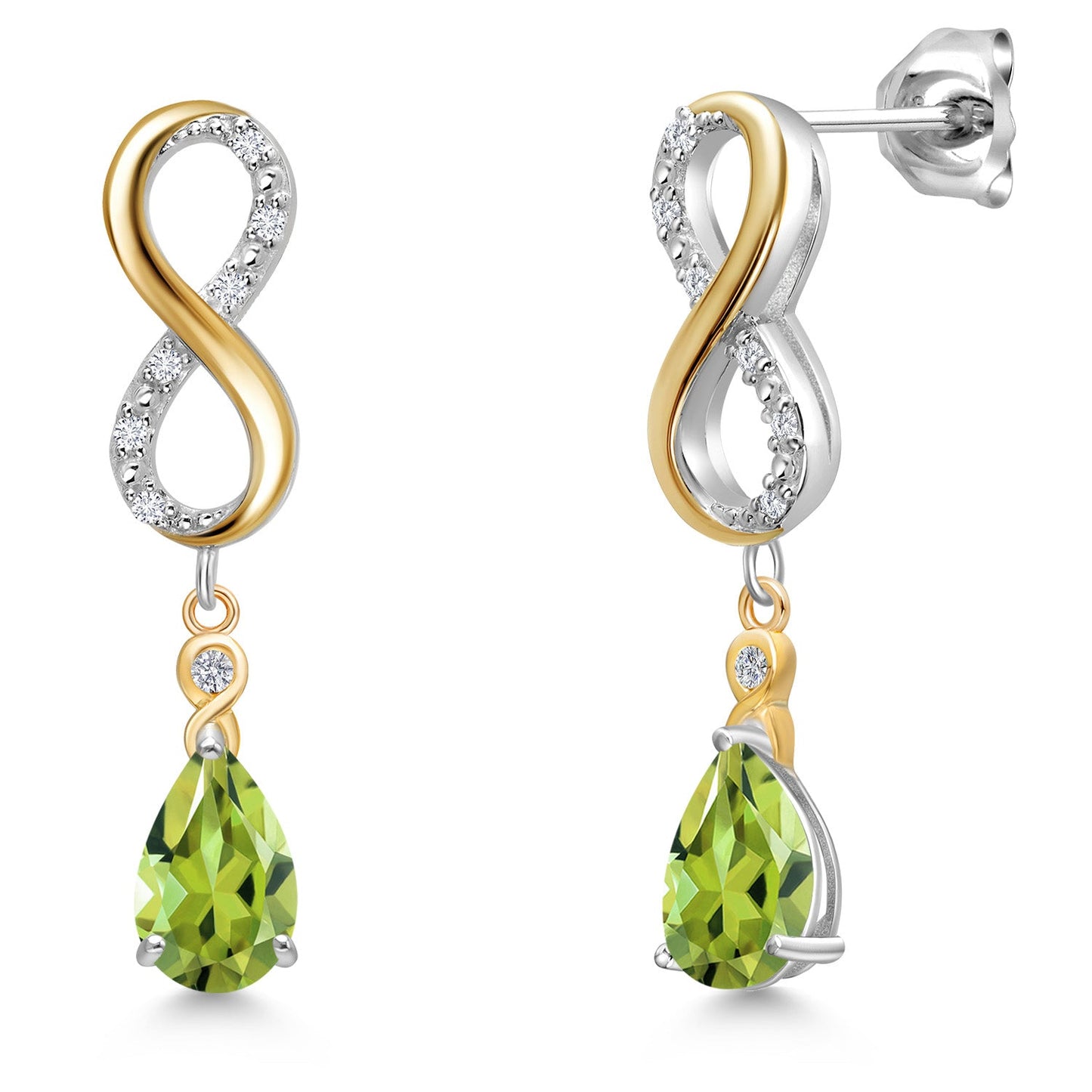 Infinity Dangle Earrings For Women In 925 Silver and 10K Yellow Gold with 8X5MM Pear Shape Gemstone Birthstone and White Lab Grown Diamond