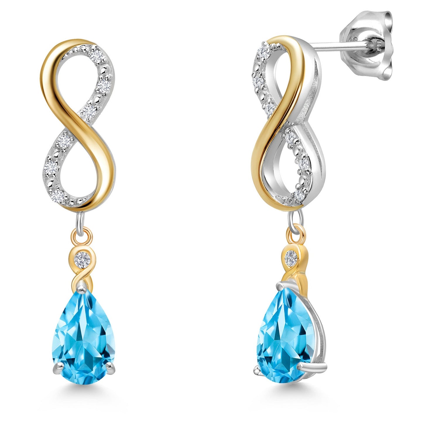 Infinity Dangle Earrings For Women In 925 Silver and 10K Yellow Gold with 8X5MM Pear Shape Gemstone Birthstone and White Lab Grown Diamond