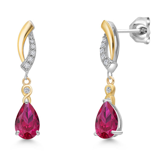 925 Silver and 10K Yellow Gold Gemstone Birthstone and White Lab Grown Diamond Dangle Earrings For Women | Pear Shape 8X5MM