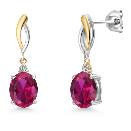 Dangle Earrings For Women In 925 Silver and 10K Yellow Gold with 10X8MM Oval Gemstone Birthstone and White Lab Grown Diamond