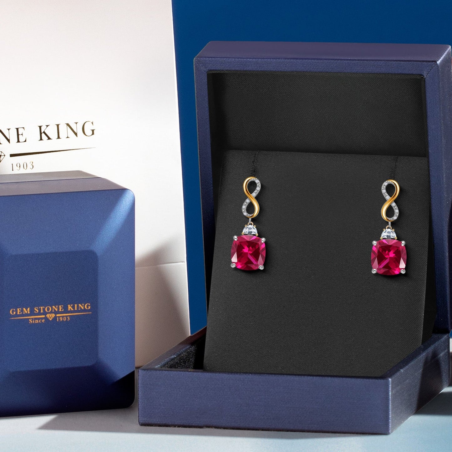 925 Silver and 10K Yellow Gold Red Created Ruby and Moissanite and White Lab Grown Diamond Dangle Earrings for Women | 16.52 Cttw | Gemstone July Birthstone | Cushion 12MM