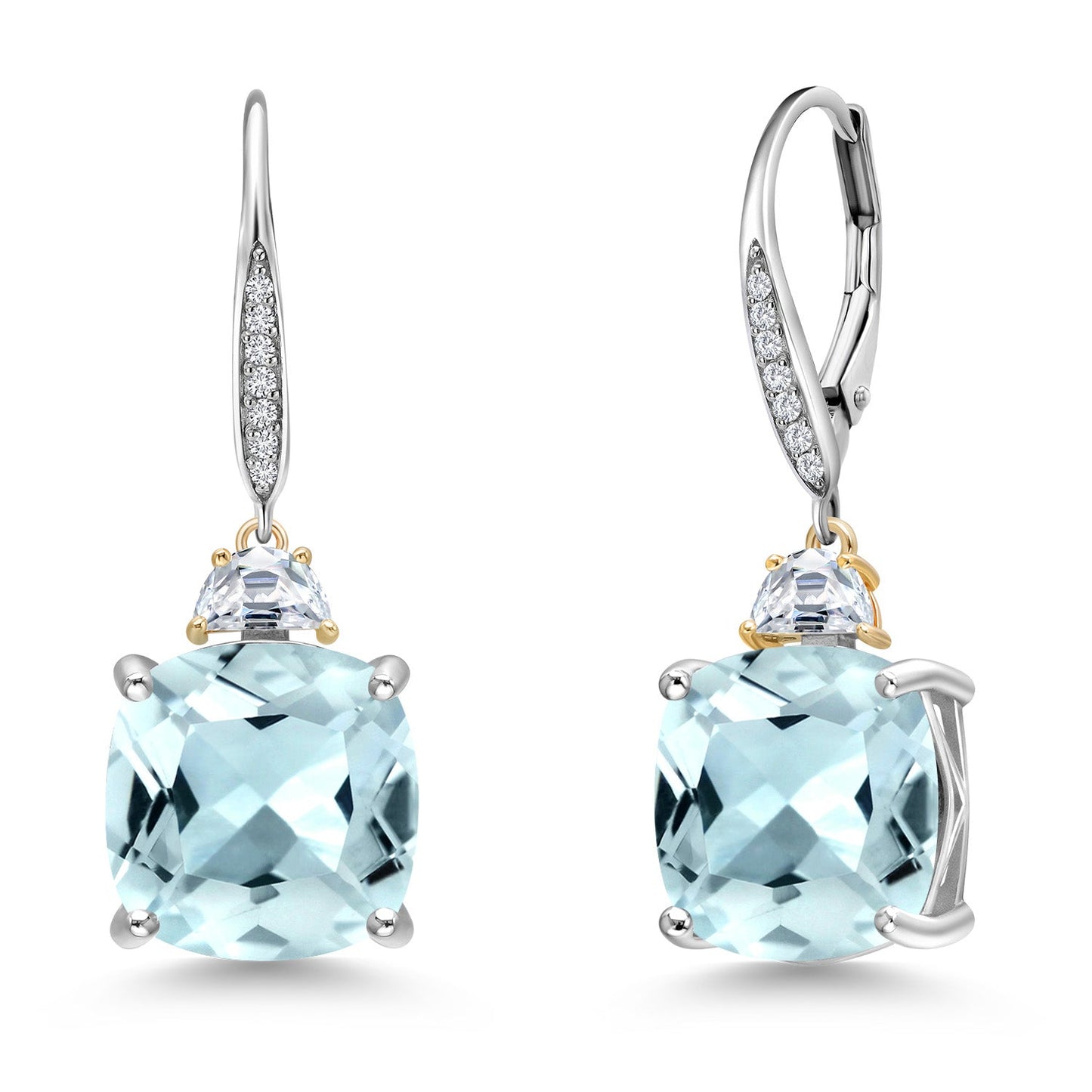 Drop Dangle Earrings For Women with 12MM Cushion Gemstone Birthstone 5X3MM Half Moon White Moissanite and White Lab Grown Diamond In 925 Silver and 10K Yellow Gold