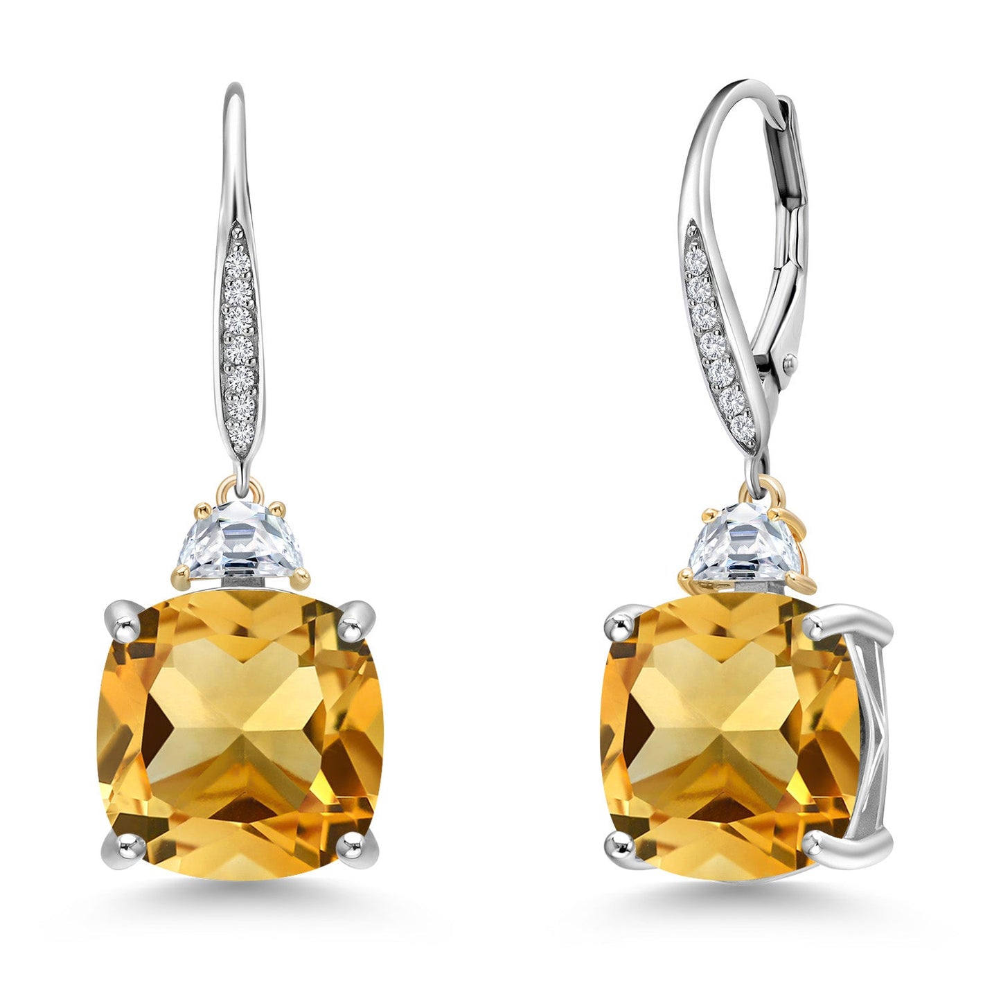Drop Dangle Earrings For Women with 12MM Cushion Gemstone Birthstone 5X3MM Half Moon White Moissanite and White Lab Grown Diamond In 925 Silver and 10K Yellow Gold