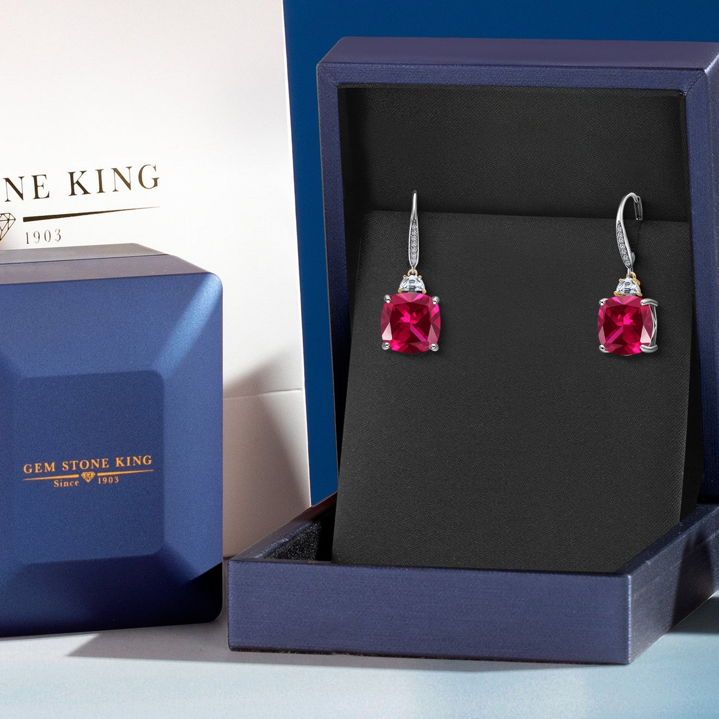 Drop Dangle Earrings For Women with 12MM Cushion Gemstone Birthstone 5X3MM Half Moon White Moissanite and White Lab Grown Diamond In 925 Silver and 10K Yellow Gold
