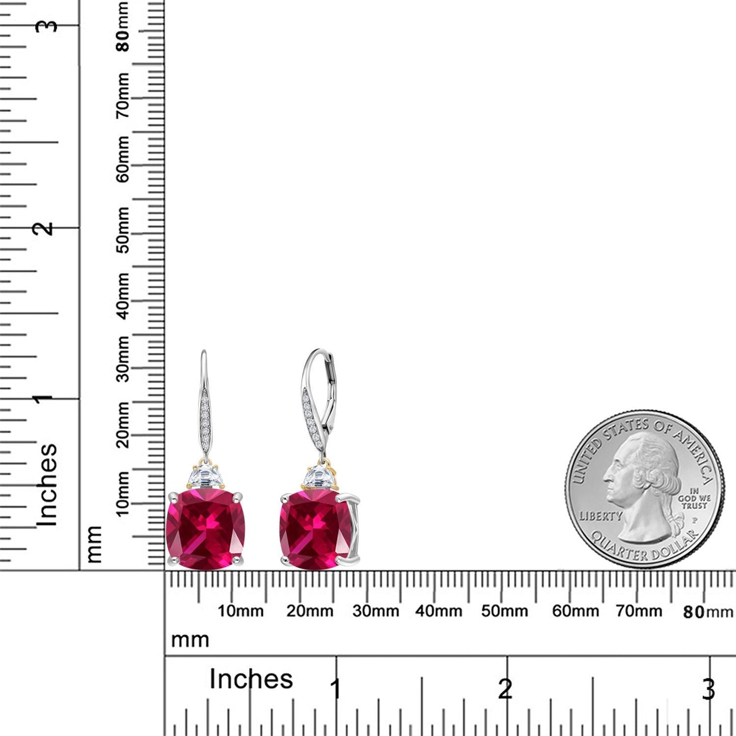 Drop Dangle Earrings For Women with 12MM Cushion Gemstone Birthstone 5X3MM Half Moon White Moissanite and White Lab Grown Diamond In 925 Silver and 10K Yellow Gold