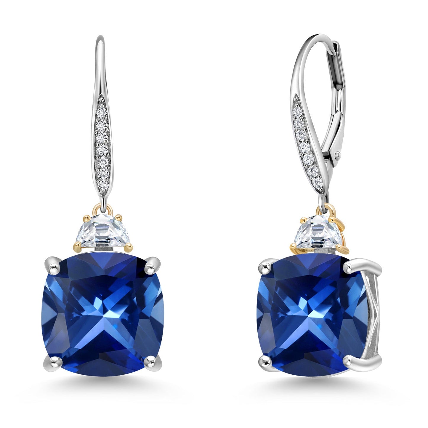 Drop Dangle Earrings For Women with 12MM Cushion Gemstone Birthstone 5X3MM Half Moon White Moissanite and White Lab Grown Diamond In 925 Silver and 10K Yellow Gold