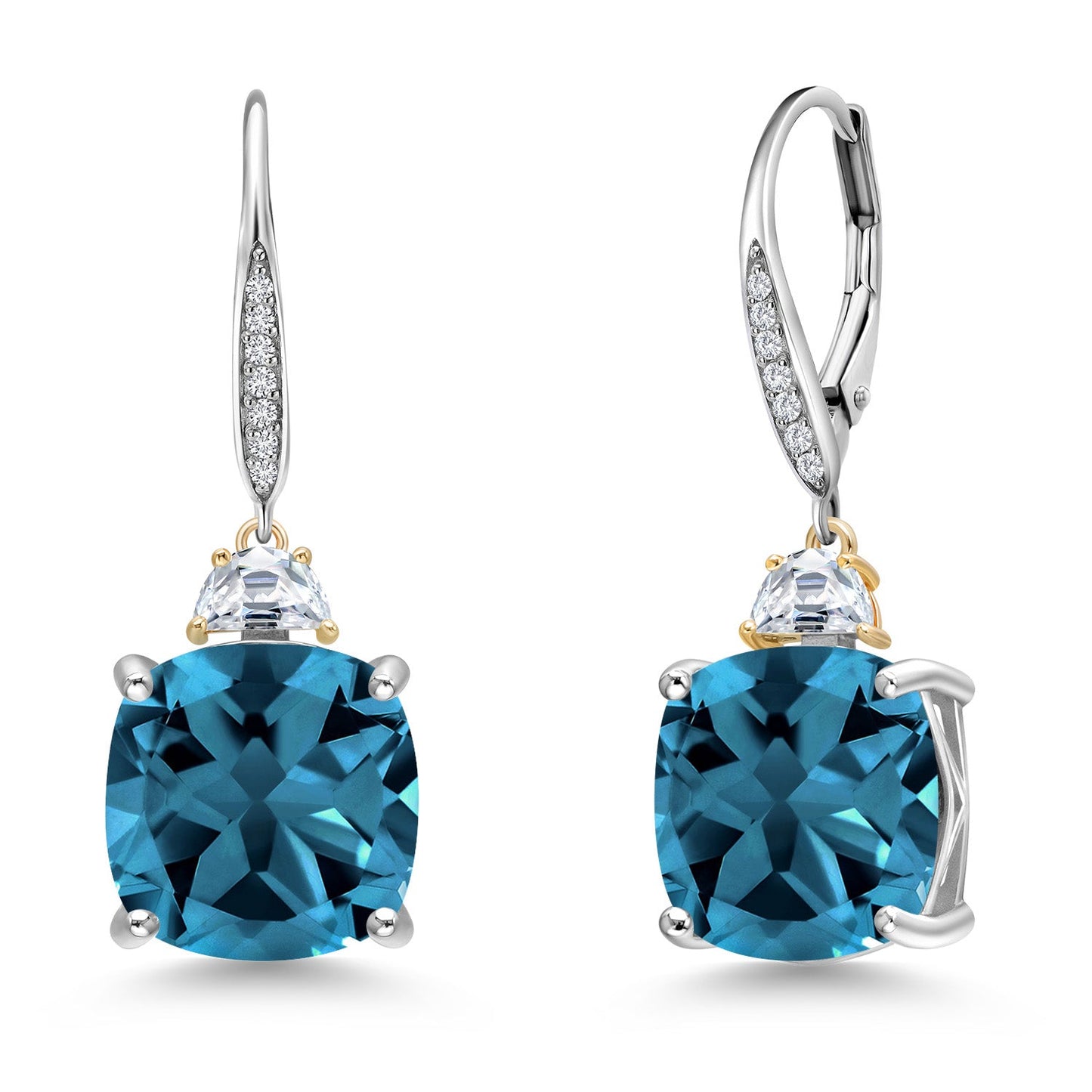 Drop Dangle Earrings For Women with 12MM Cushion Gemstone Birthstone 5X3MM Half Moon White Moissanite and White Lab Grown Diamond In 925 Silver and 10K Yellow Gold
