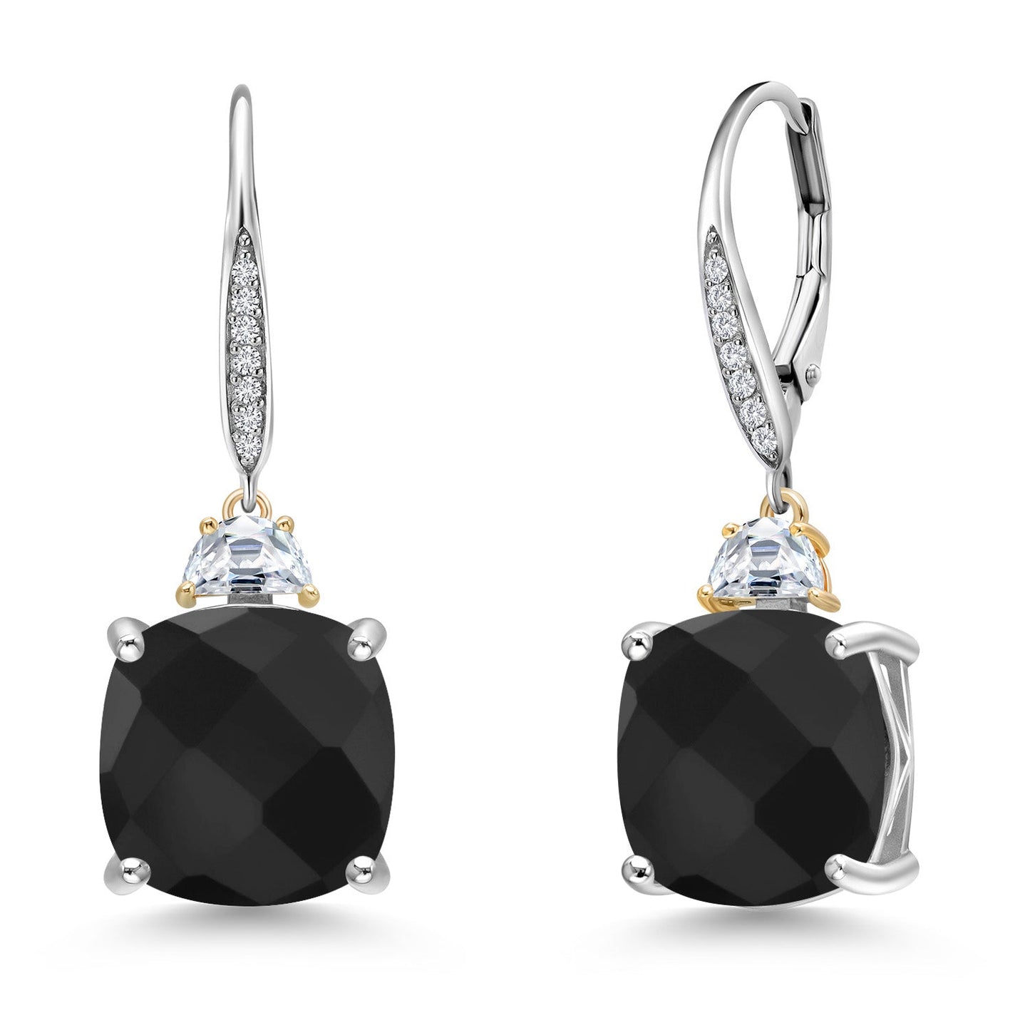 Drop Dangle Earrings For Women with 12MM Cushion Gemstone Birthstone 5X3MM Half Moon White Moissanite and White Lab Grown Diamond In 925 Silver and 10K Yellow Gold