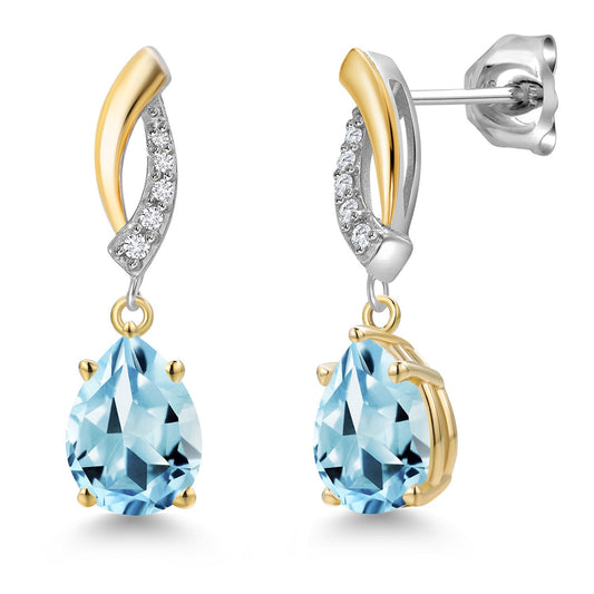 925 Silver and 10K Yellow Gold 8X6MM Pear Shape Gemstone Birthstone and White Lab Grown Diamond Teardrop Dangle Earrings for Women