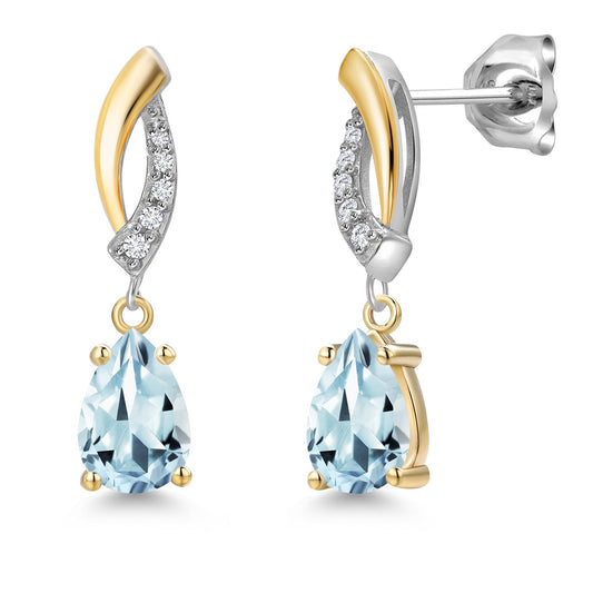 Teardrop Dangle Earrings for Women In 925 Silver and 10K Yellow Gold | Gemstone Birthstone and White Lab Grown Diamond | 7X5MM Pear Shape