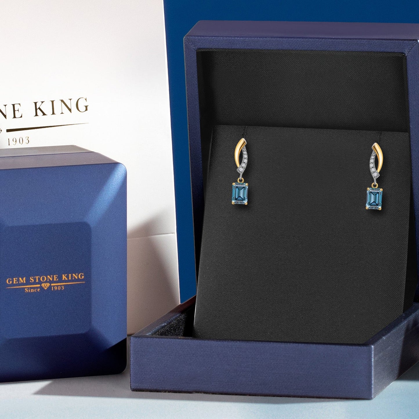925 Silver and 10K Yellow Gold 6X4MM Emerald Cut Gemstone Birthstone and White Lab Grown Diamond Dangle Earrings for Women