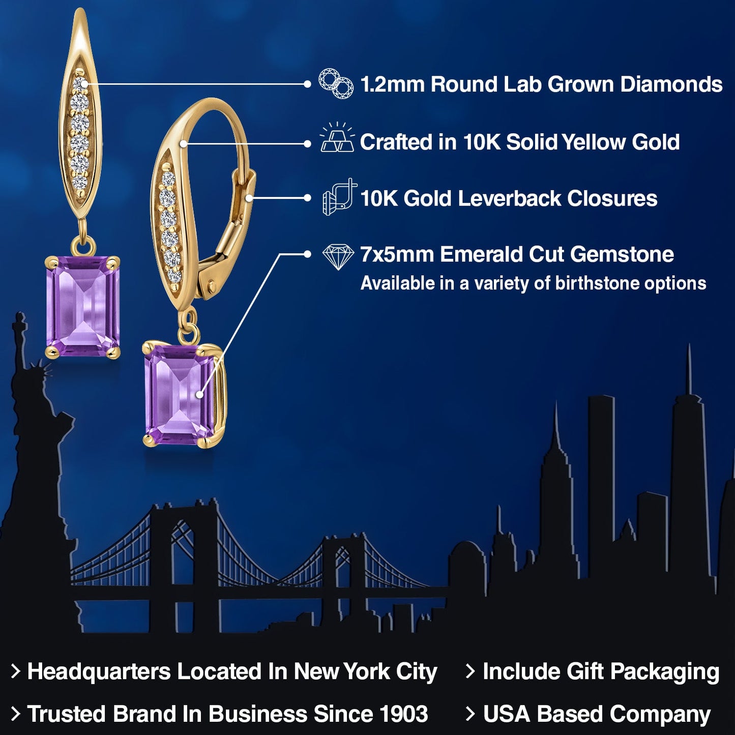 10K Yellow Gold 7X5MM Emerald Cut Gemstone Birthstone and Lab Grown Diamond Dangle Earrings For Women | Fine Jewelry Gifts for Her Mom Women Wife