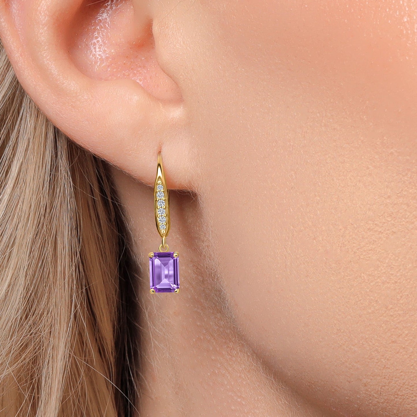 10K Yellow Gold 7X5MM Emerald Cut Gemstone Birthstone and Lab Grown Diamond Dangle Earrings For Women | Fine Jewelry Gifts for Her Mom Women Wife