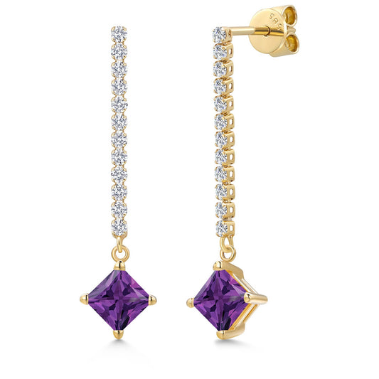 14K Yellow Gold Gemstone Birthstone and White Lab Grown Diamond Long Liner Dangle Earrings for Women | Princess 5MM | Yellow Gold Chain Drop Earrings