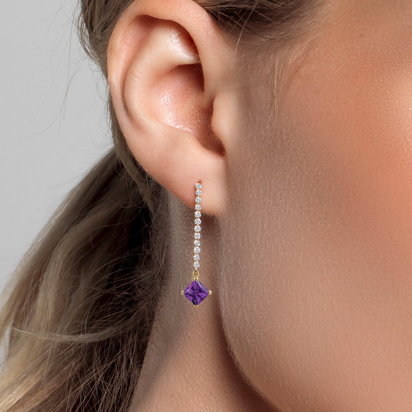 14K Yellow Gold Gemstone Birthstone and White Lab Grown Diamond Long Liner Dangle Earrings for Women | Princess 5MM | Yellow Gold Chain Drop Earrings