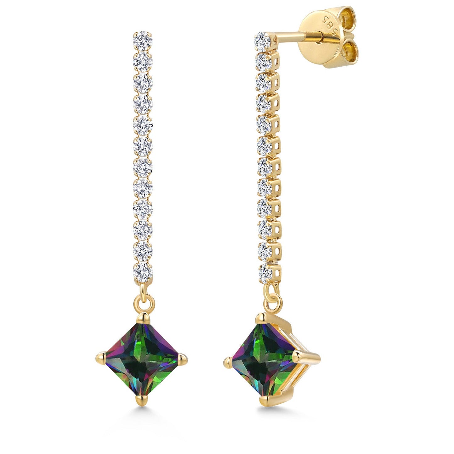 14K Yellow Gold Gemstone Birthstone and White Lab Grown Diamond Long Liner Dangle Earrings for Women | Princess 5MM | Yellow Gold Chain Drop Earrings
