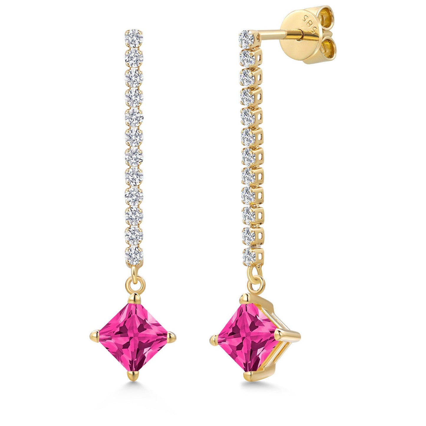 14K Yellow Gold Gemstone Birthstone and White Lab Grown Diamond Long Liner Dangle Earrings for Women | Princess 5MM | Yellow Gold Chain Drop Earrings