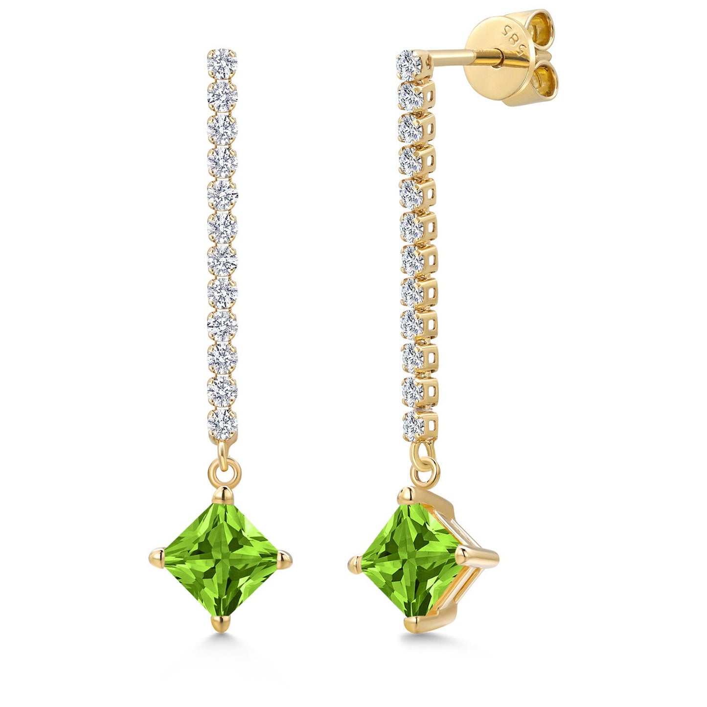 14K Yellow Gold Gemstone Birthstone and White Lab Grown Diamond Long Liner Dangle Earrings for Women | Princess 5MM | Yellow Gold Chain Drop Earrings
