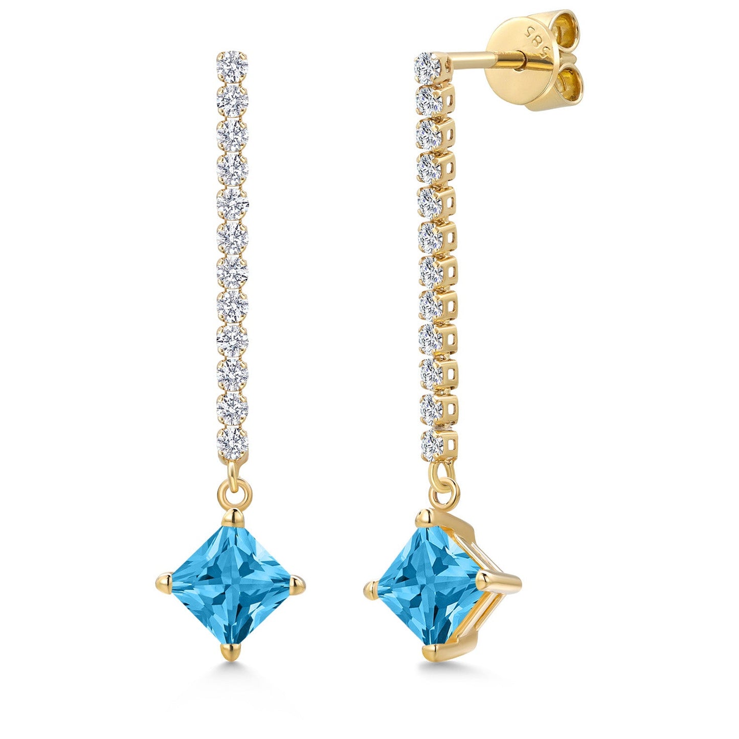 14K Yellow Gold Gemstone Birthstone and White Lab Grown Diamond Long Liner Dangle Earrings for Women | Princess 5MM | Yellow Gold Chain Drop Earrings