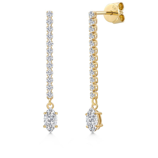 14K Yellow Gold Gemstone Birthstone and White Lab Grown Diamond Long Liner Dangle Earrings for Women | Marquise 6X3MM | Yellow Gold Chain Drop Earrings