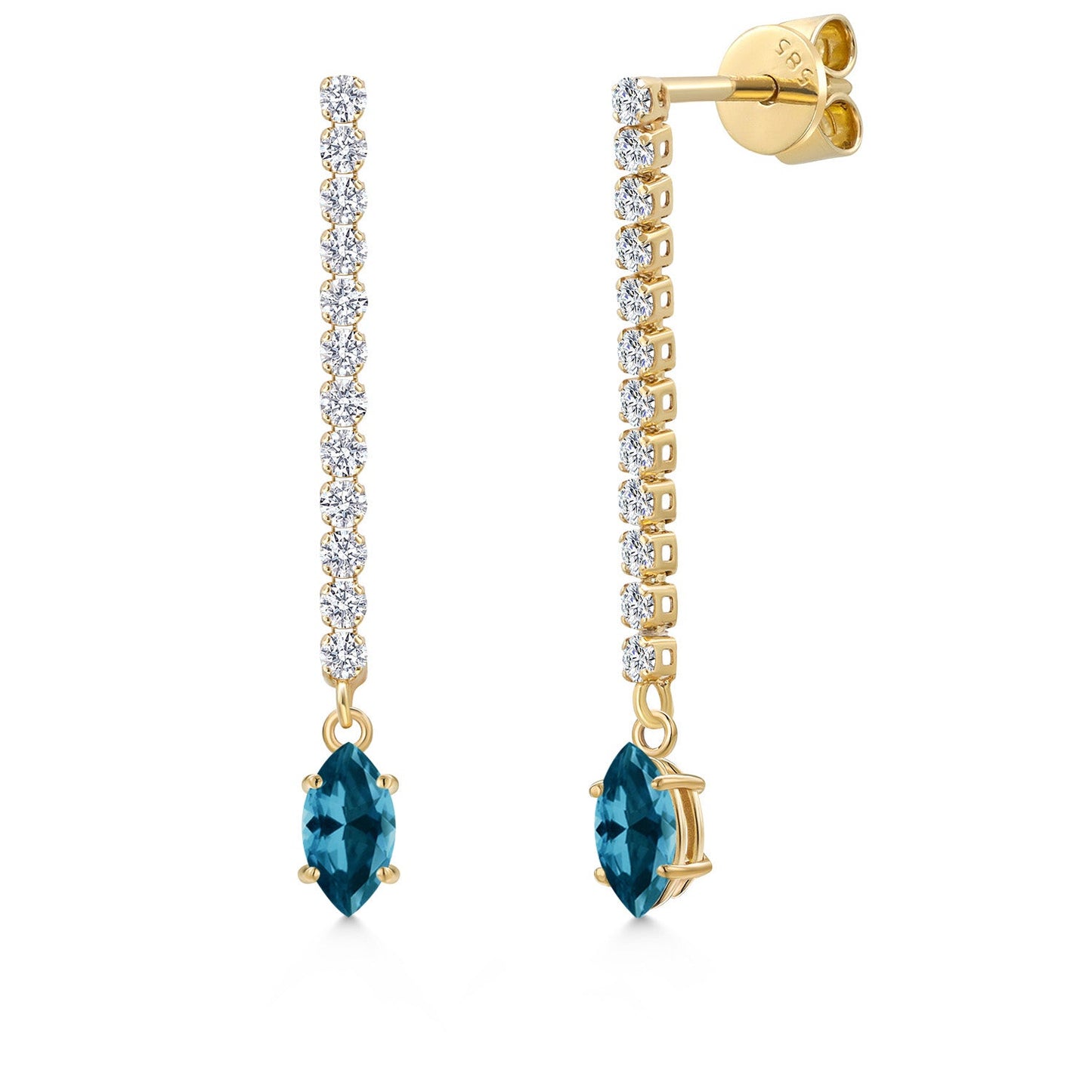 14K Yellow Gold Gemstone Birthstone and White Lab Grown Diamond Long Liner Dangle Earrings for Women | Marquise 6X3MM | Yellow Gold Chain Drop Earrings