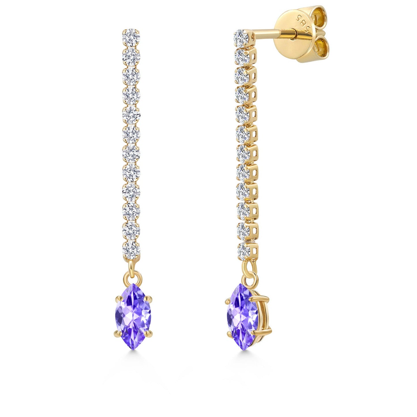 14K Yellow Gold Gemstone Birthstone and White Lab Grown Diamond Long Liner Dangle Earrings for Women | Marquise 6X3MM | Yellow Gold Chain Drop Earrings