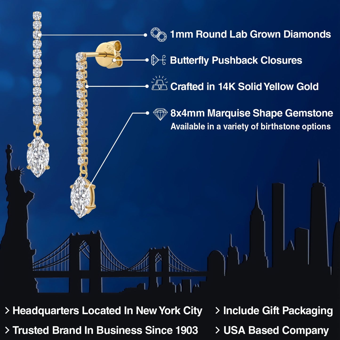14K Yellow Gold Gemstone Birthstone and White Lab Grown Diamond Long Liner Dangle Earrings for Women | Marquise 8X4MM | Yellow Gold Chain Drop Earrings