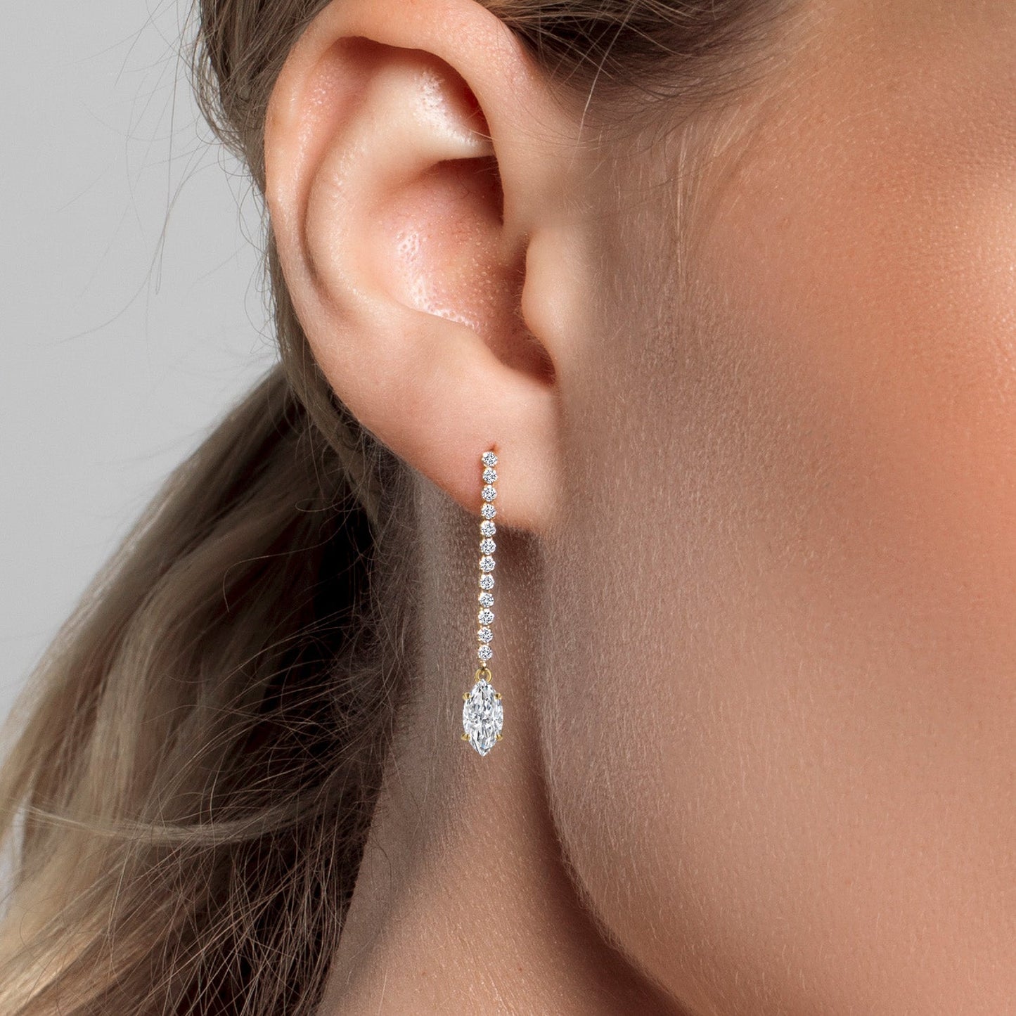 14K Yellow Gold Gemstone Birthstone and White Lab Grown Diamond Long Liner Dangle Earrings for Women | Marquise 8X4MM | Yellow Gold Chain Drop Earrings