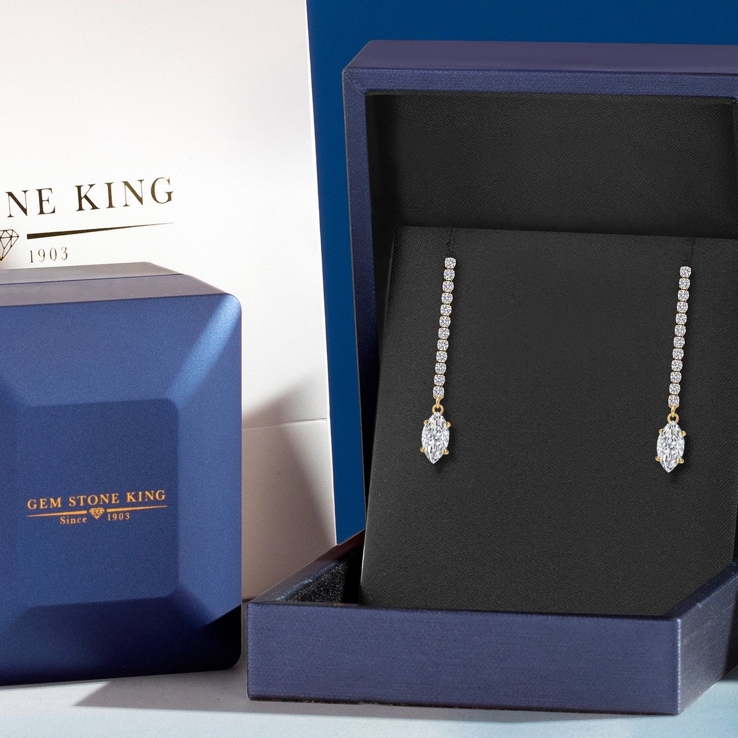14K Yellow Gold Gemstone Birthstone and White Lab Grown Diamond Long Liner Dangle Earrings for Women | Marquise 8X4MM | Yellow Gold Chain Drop Earrings