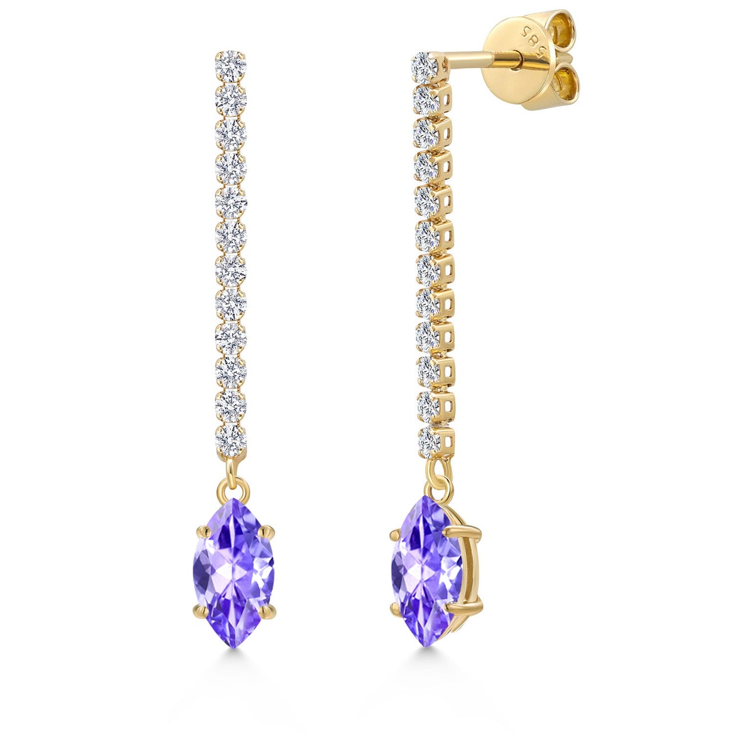 14K Yellow Gold Gemstone Birthstone and White Lab Grown Diamond Long Liner Dangle Earrings for Women | Marquise 8X4MM | Yellow Gold Chain Drop Earrings