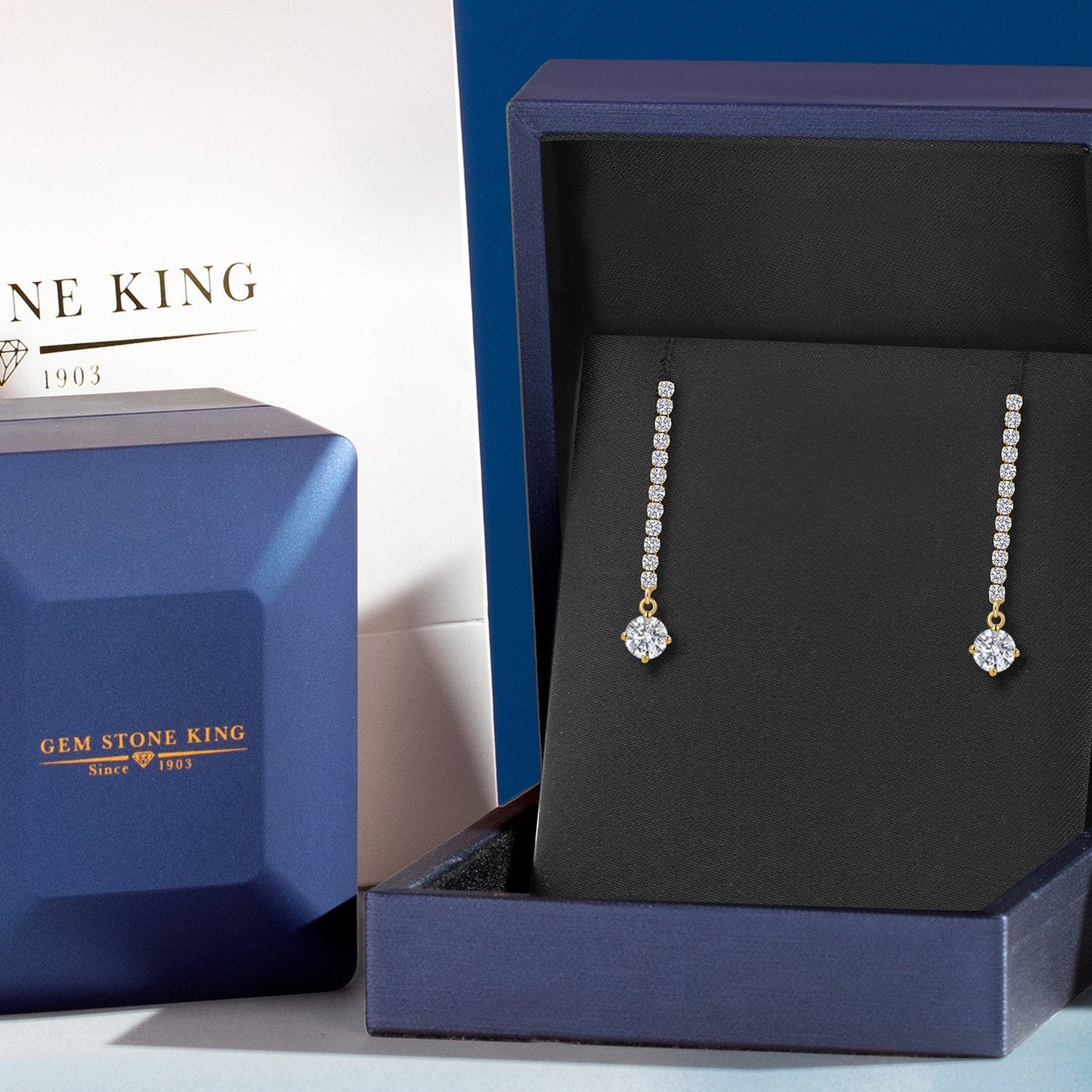 14K Yellow Gold Gemstone Birthstone and White Lab Grown Diamond Long Liner Dangle Earrings for Women | Round 4.5MM | Yellow Gold Chain Drop Earrings