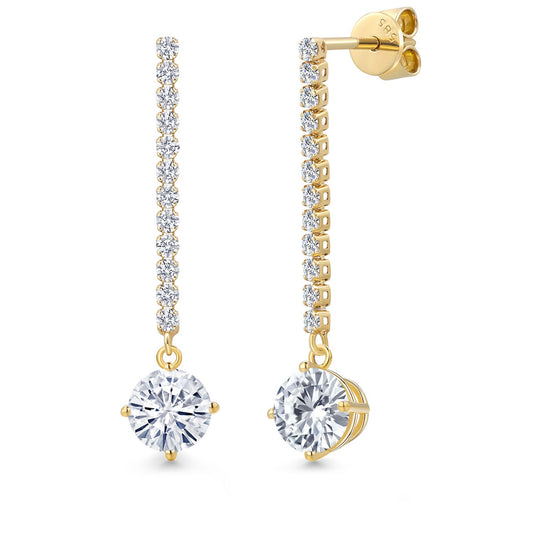 14K Yellow Gold Forever Classic Moissanite and E - F Lab Grown Diamond Dangle Earrings for Women | 1.96 Cttw | Gemstone Birthstone | Round 6MM