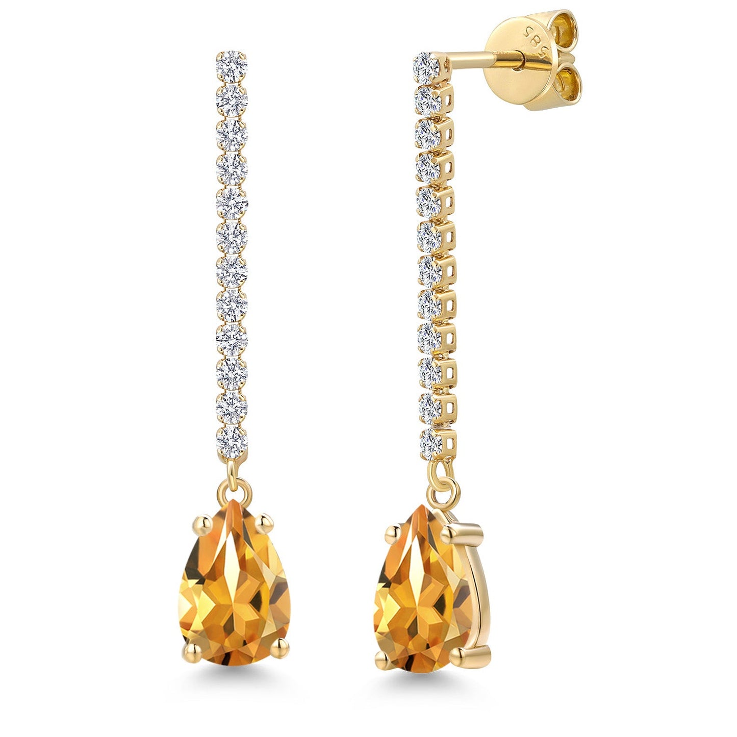 14K Yellow Gold Gemstone Birthstone and Lab Grown Diamond Long Liner Dangle Earrings for Women | Pear Shape 9X6MM and Round 1.5MM | Yellow Gold Chain Drop Earrings