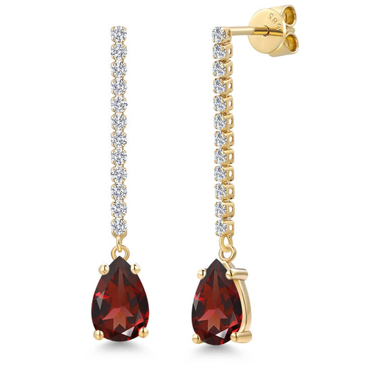 14K Yellow Gold Gemstone Birthstone and Lab Grown Diamond Long Liner Dangle Earrings for Women | Pear Shape 9X6MM and Round 1.5MM | Yellow Gold Chain Drop Earrings