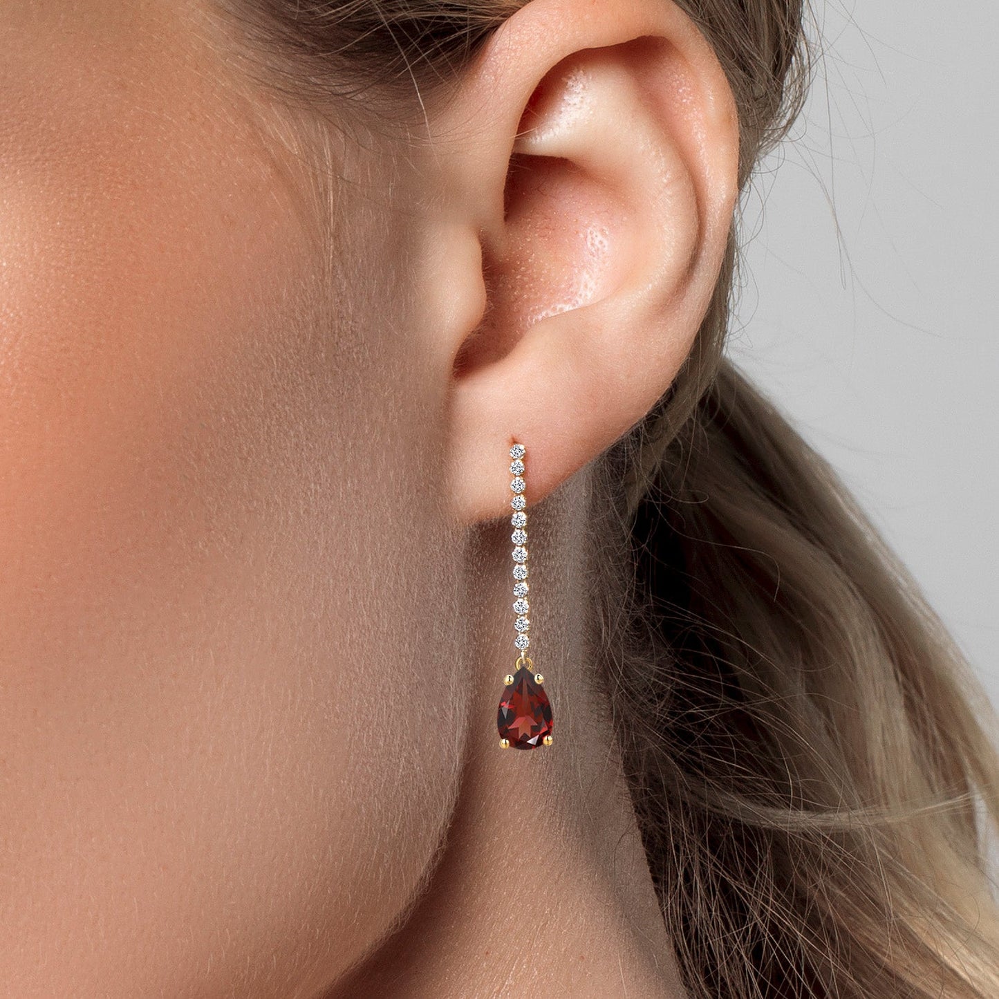 14K Yellow Gold Gemstone Birthstone and Lab Grown Diamond Long Liner Dangle Earrings for Women | Pear Shape 9X6MM and Round 1.5MM | Yellow Gold Chain Drop Earrings