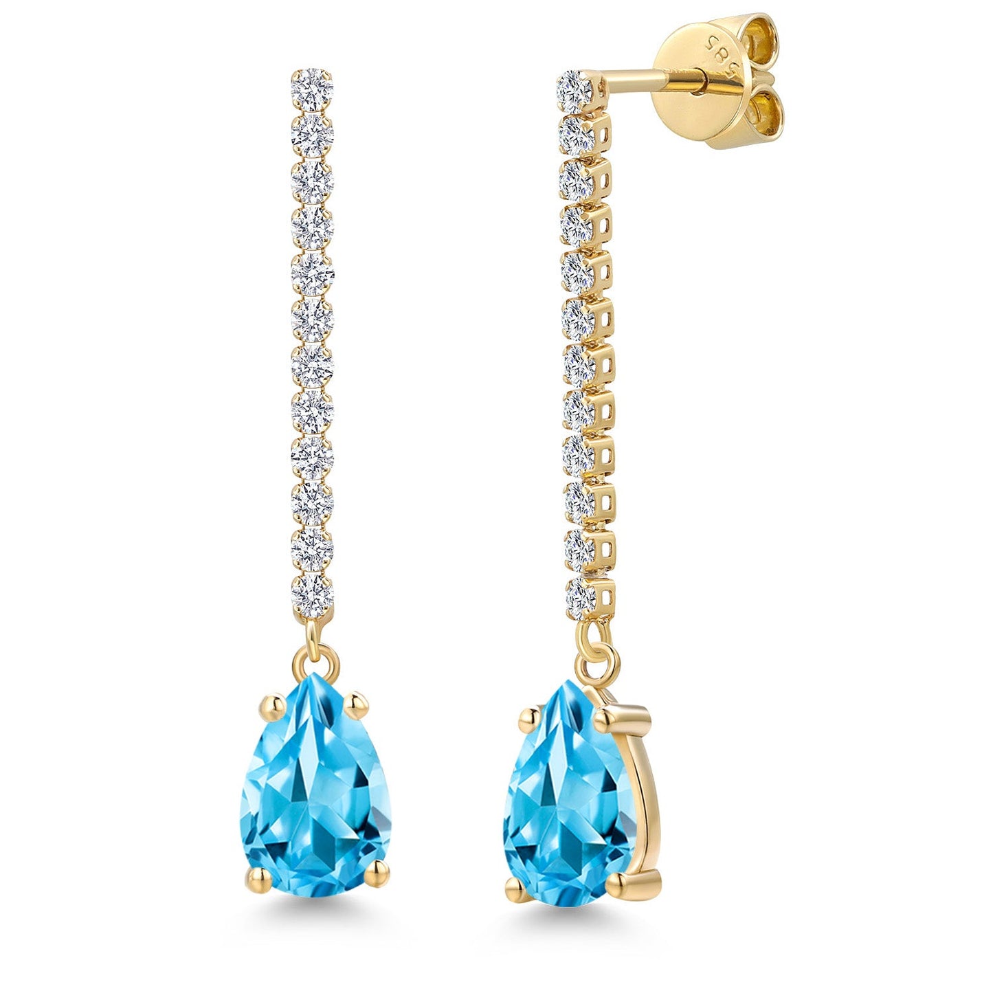 14K Yellow Gold Gemstone Birthstone and Lab Grown Diamond Long Liner Dangle Earrings for Women | Pear Shape 9X6MM and Round 1.5MM | Yellow Gold Chain Drop Earrings