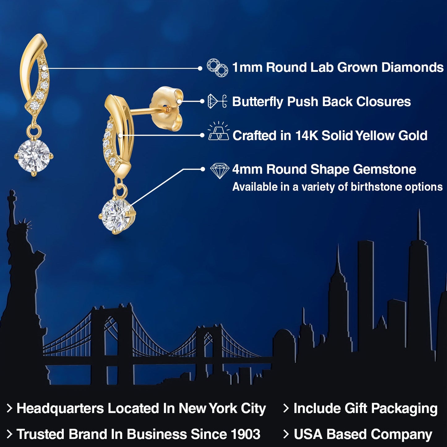 14K Yellow Gold Gemstone Birthstone and Lab Grown Diamond Dangle Earrings for Women | Round 4MM and 1MM | Fine Jewelry Gifts for Her Mom Women Wife