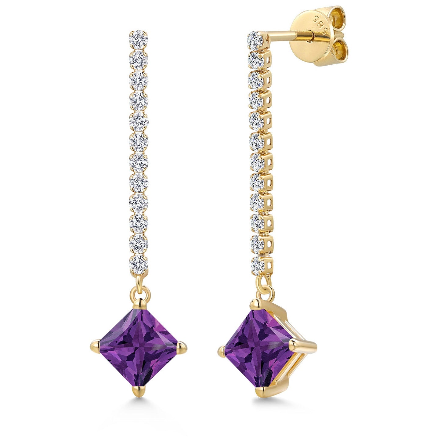 Gemstone Birthstone and Lab Grown Diamond Long Liner Drop Dangle Earrings For Women in 14K Yellow Gold | Princess Cut 6MM | Round 1.5MM | Yellow Gold Chain Drop Earrings