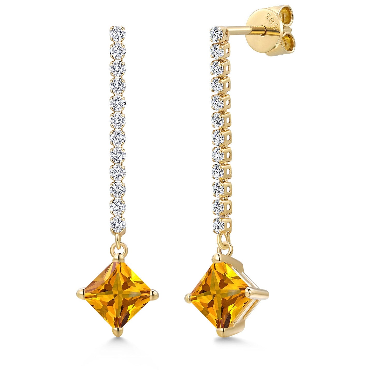 Gemstone Birthstone and Lab Grown Diamond Long Liner Drop Dangle Earrings For Women in 14K Yellow Gold | Princess Cut 6MM | Round 1.5MM | Yellow Gold Chain Drop Earrings