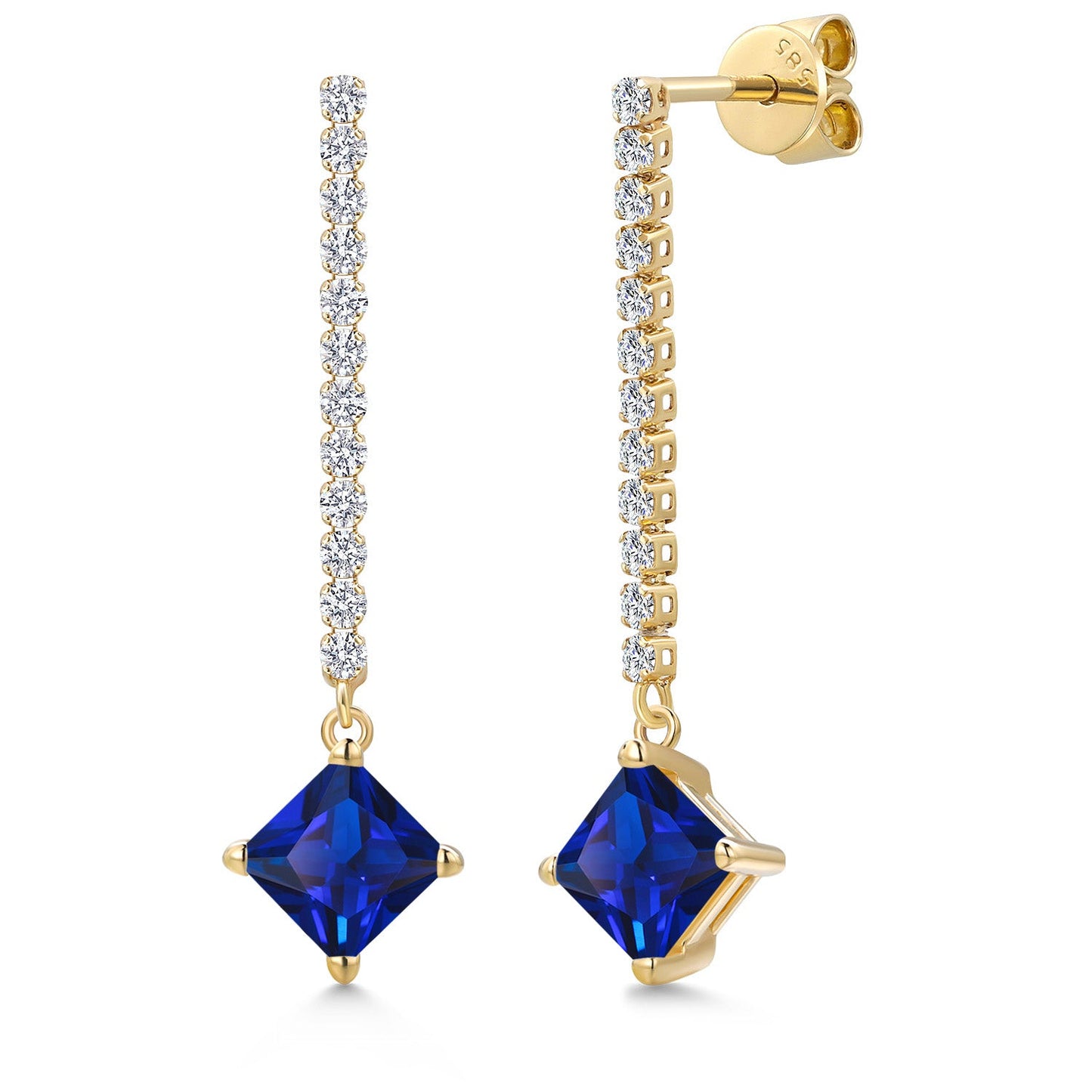 Gemstone Birthstone and Lab Grown Diamond Long Liner Drop Dangle Earrings For Women in 14K Yellow Gold | Princess Cut 6MM | Round 1.5MM | Yellow Gold Chain Drop Earrings
