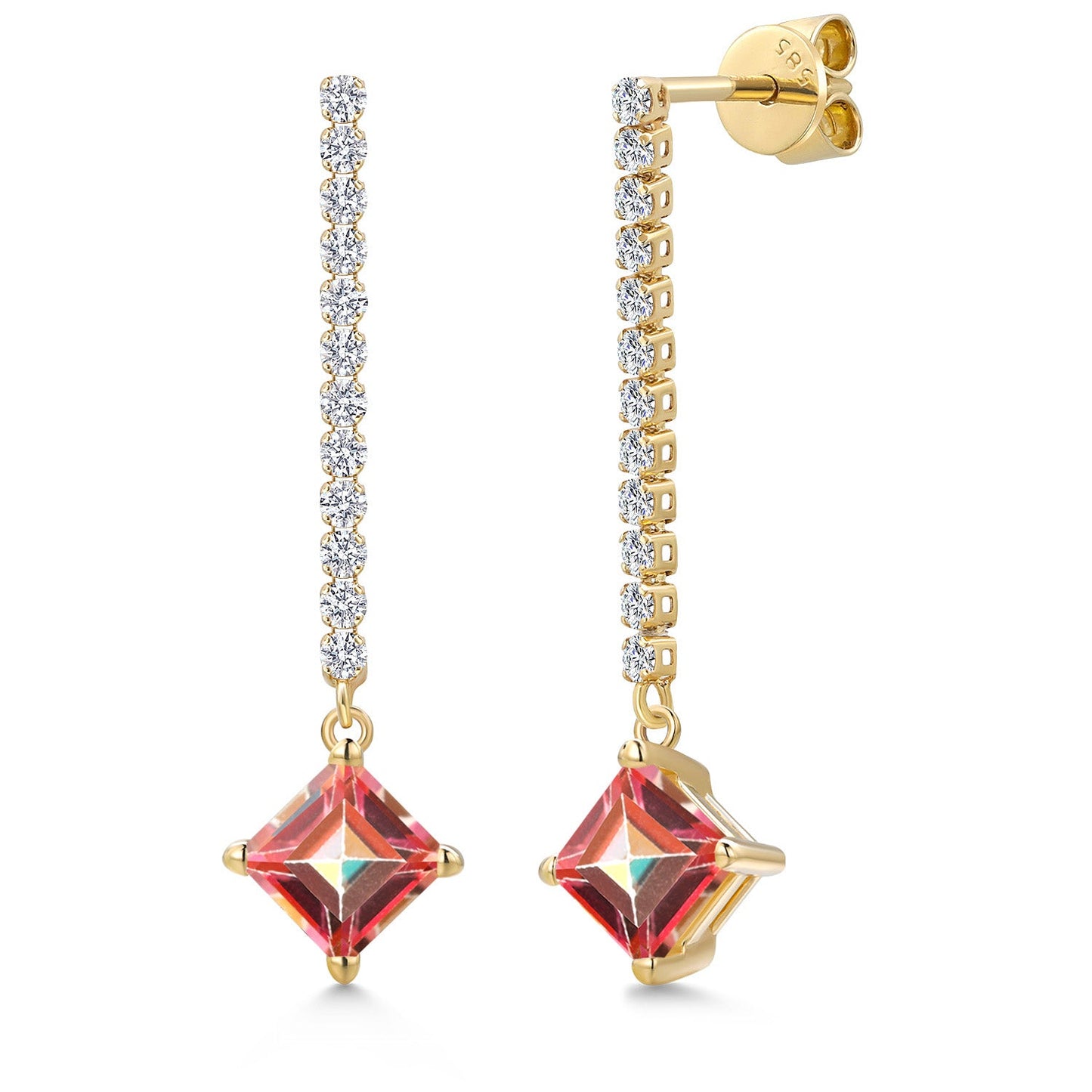 Gemstone Birthstone and Lab Grown Diamond Long Liner Drop Dangle Earrings For Women in 14K Yellow Gold | Princess Cut 6MM | Round 1.5MM | Yellow Gold Chain Drop Earrings