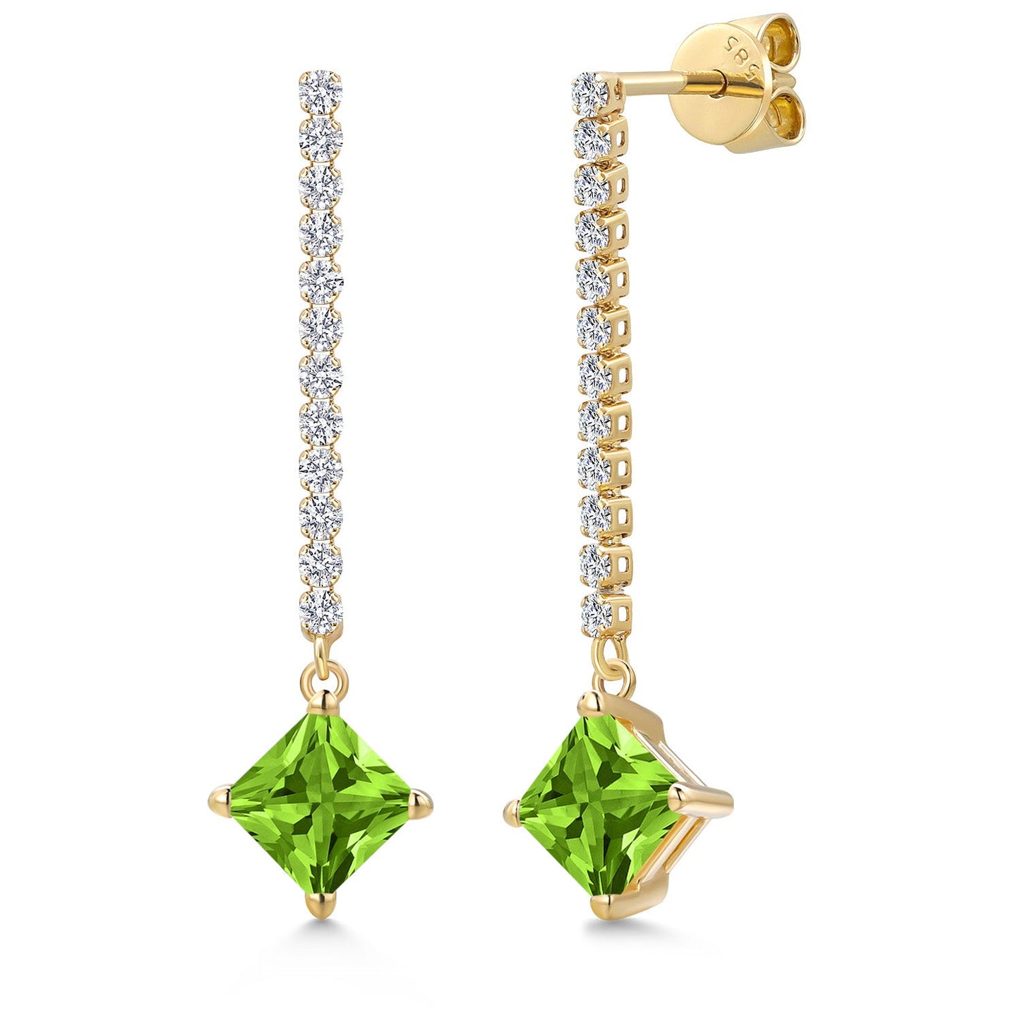 Gemstone Birthstone and Lab Grown Diamond Long Liner Drop Dangle Earrings For Women in 14K Yellow Gold | Princess Cut 6MM | Round 1.5MM | Yellow Gold Chain Drop Earrings