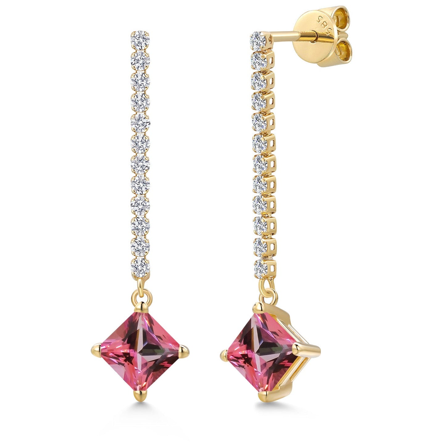 Gemstone Birthstone and Lab Grown Diamond Long Liner Drop Dangle Earrings For Women in 14K Yellow Gold | Princess Cut 6MM | Round 1.5MM | Yellow Gold Chain Drop Earrings