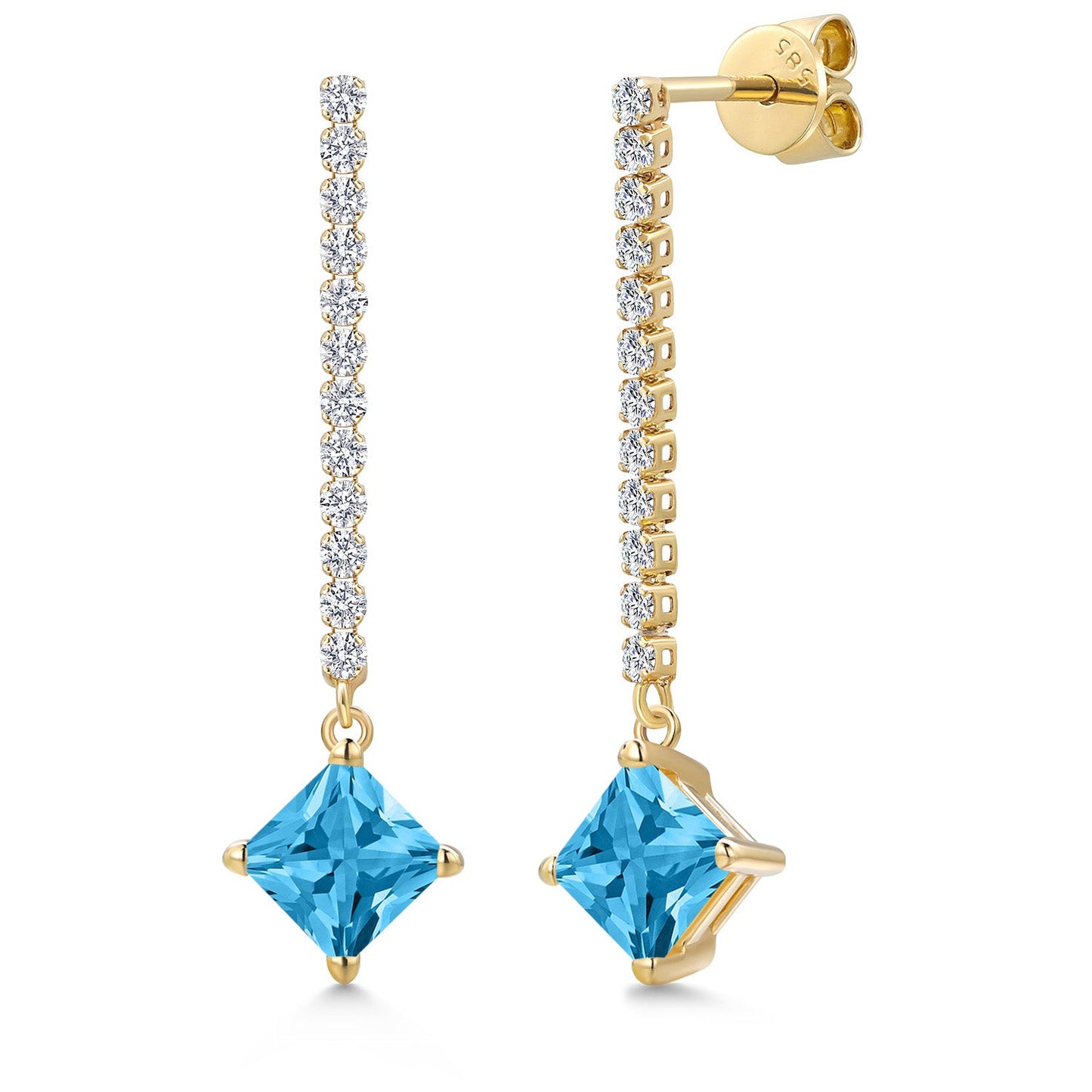 Gemstone Birthstone and Lab Grown Diamond Long Liner Drop Dangle Earrings For Women in 14K Yellow Gold | Princess Cut 6MM | Round 1.5MM | Yellow Gold Chain Drop Earrings