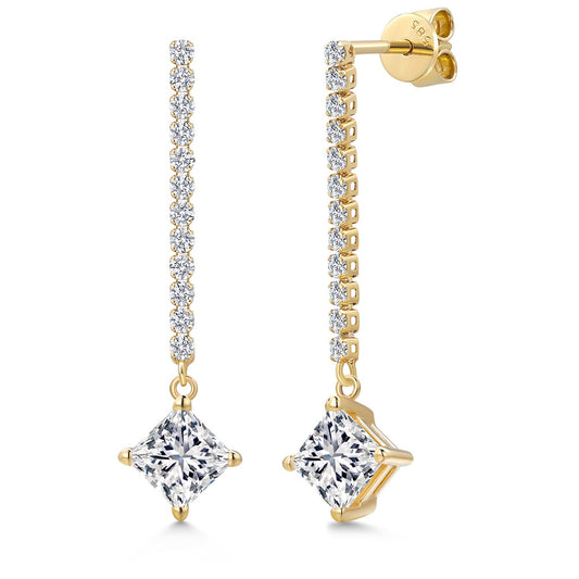 2.36 Cttw IGI Certified Lab Grown Diamond Dangle Earrings For Women in 14K Yellow Gold | 1 Ct each Princess Cut | VS1 Clarity | E-F Color