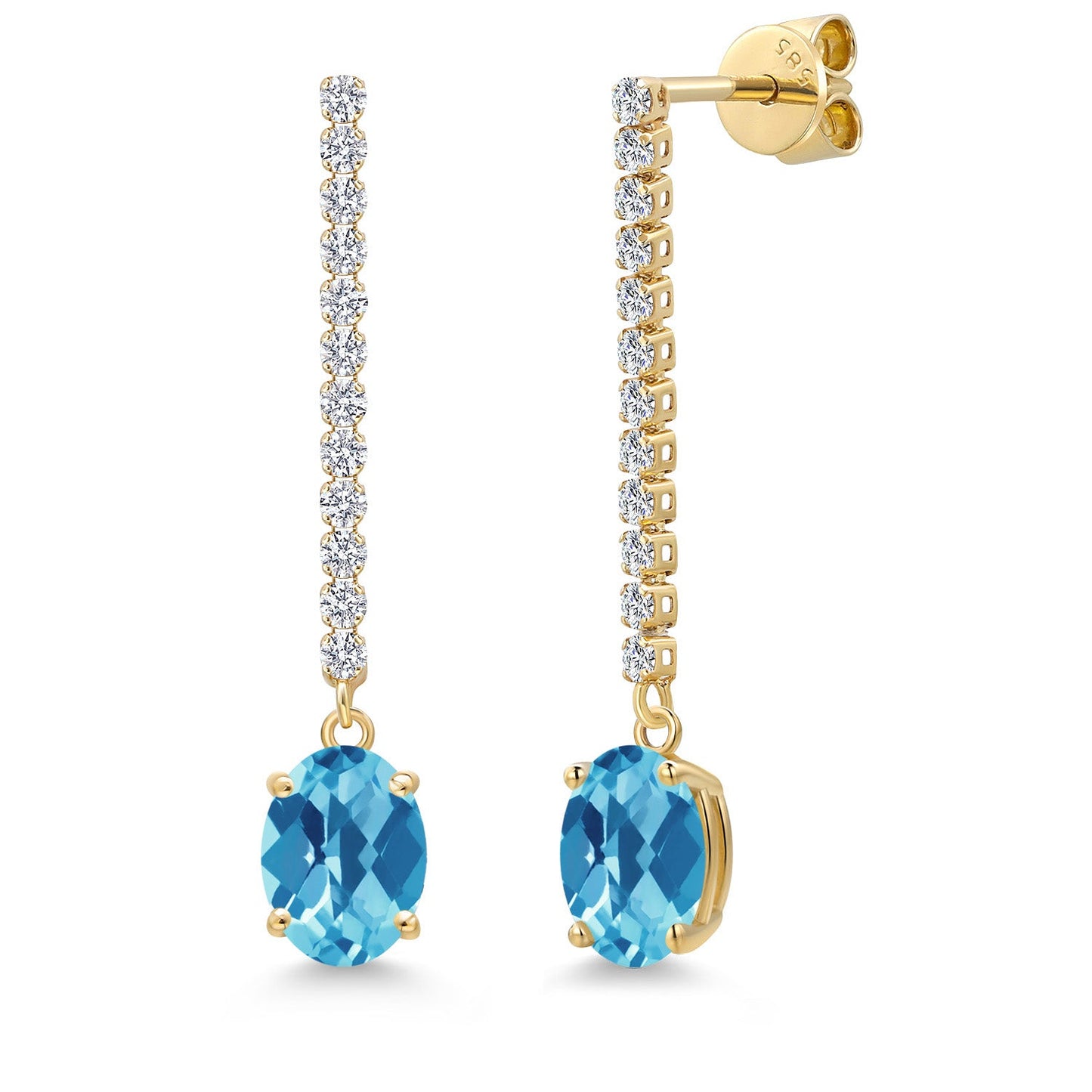 14K Yellow Gold Gemstone Birthstone and White Lab Grown Diamond Long Liner Dangle Earrings for Women | Oval Cut 8X6MM | Round 1.5MM | Yellow Gold Chain Drop Earrings