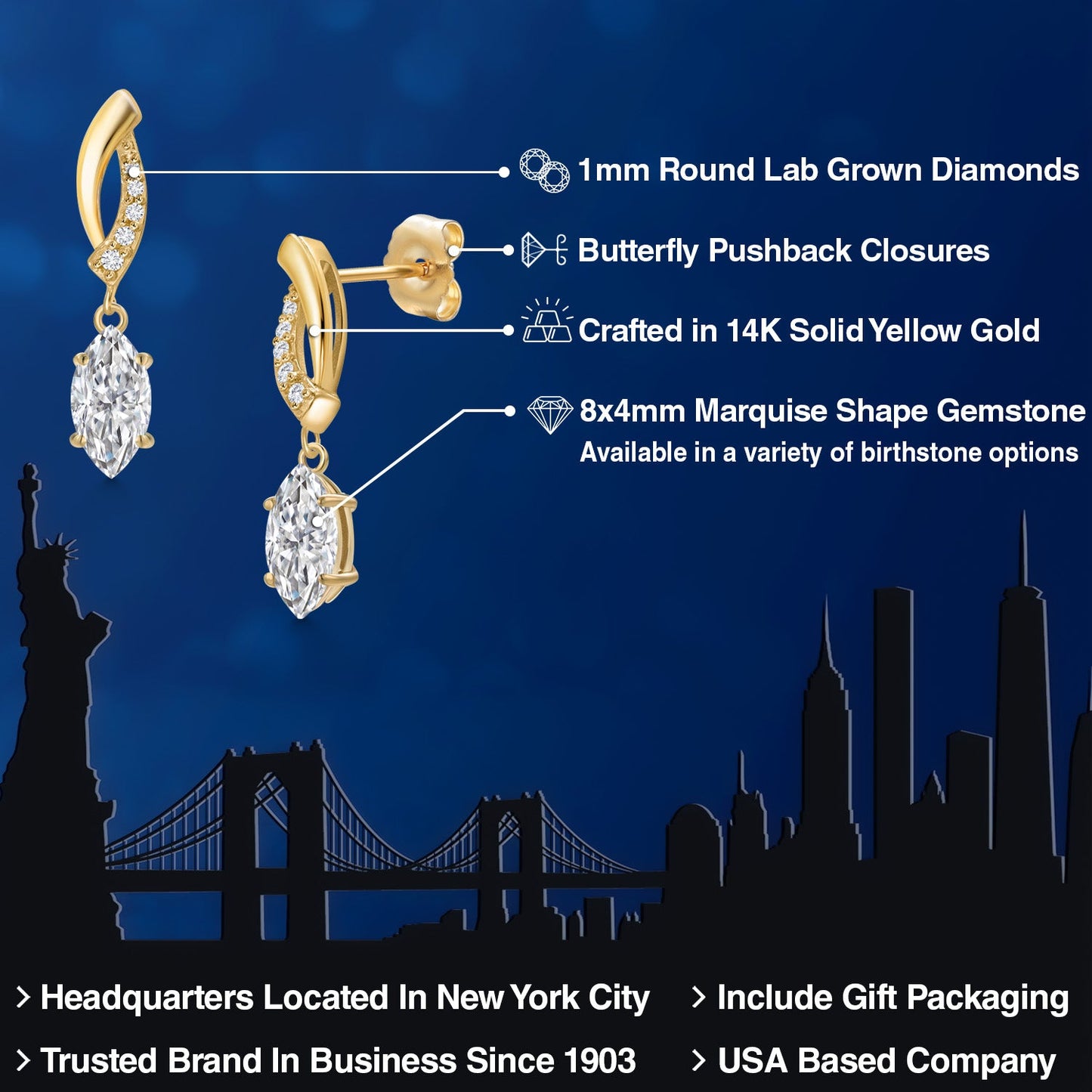 14K Yellow Gold Gemstone Birthstone and Lab Grown Diamond Dangle Earrings for Women | Marquise Cut 8X4MM and Round 1MM | Fine Jewelry Gifts for Her Mom Women Wife