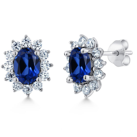 7X5MM Oval Gemstone Birthstone Stud Earrings For Women | Princess Diana Royal Halo Style | 925 Sterling Silver | Fine Jewelry Gifts for Anniversary Wedding Her Mom Women Wife