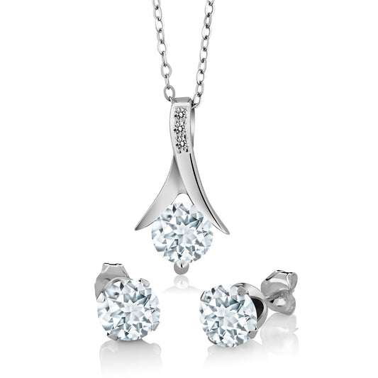 925 Sterling Silver Sky Blue Aquamarine and White Diamond Pendant Earrings Jewelry Set Gift Set For Women (2.30 Cttw, Round Cut with 18 Inch Silver Chain)